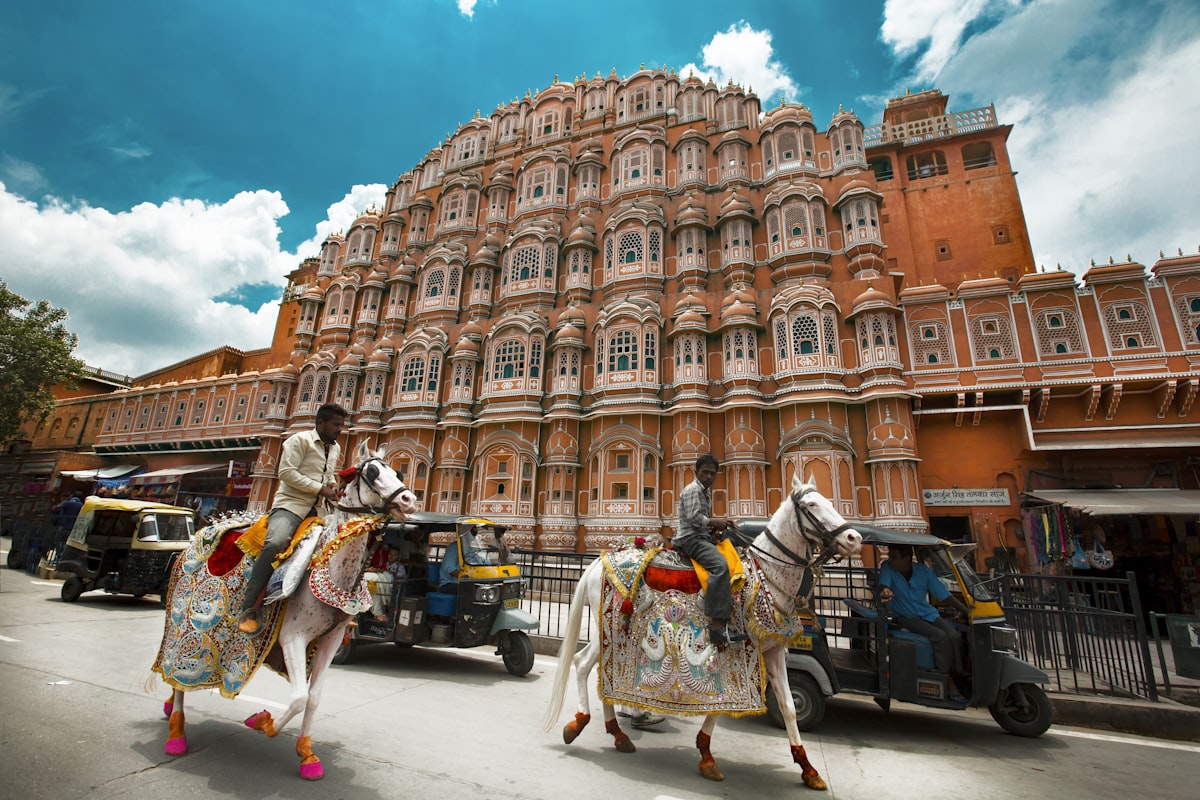 A bustling Indian street at golden hour